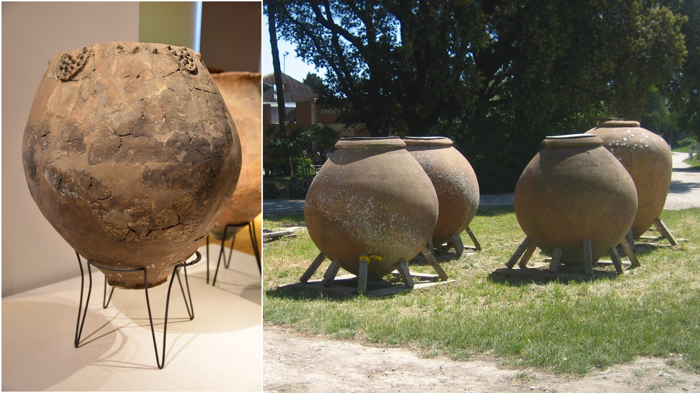 A Georgian qvevri (left) and Roman dolia (right)