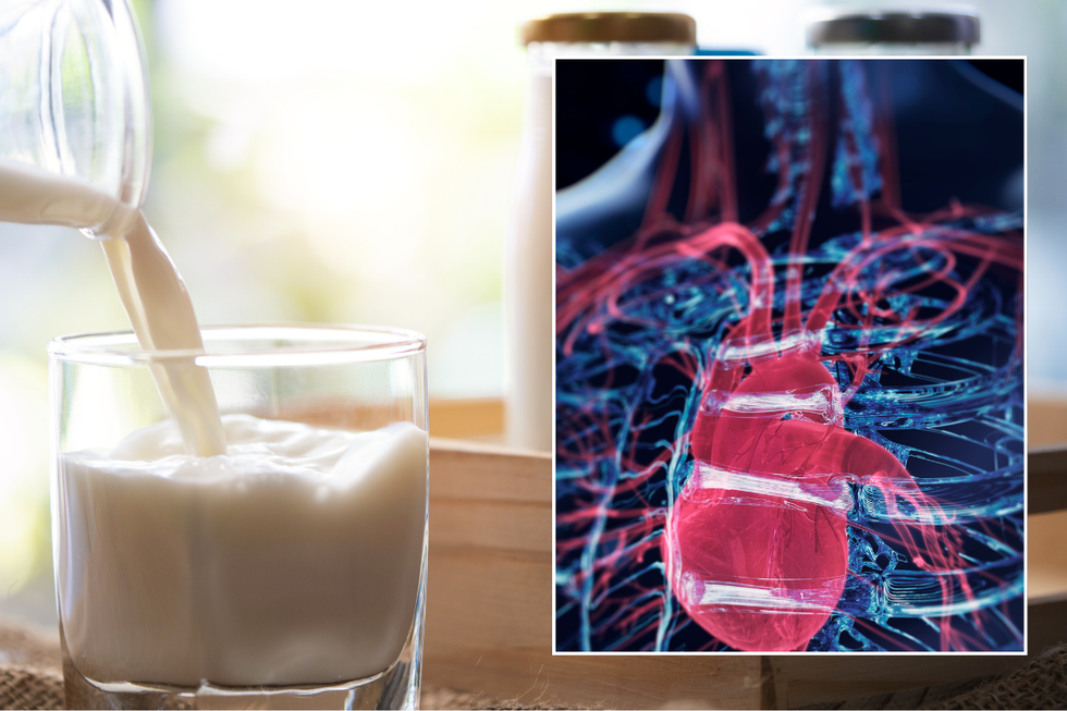 A glass of milk being poured; heart illustration