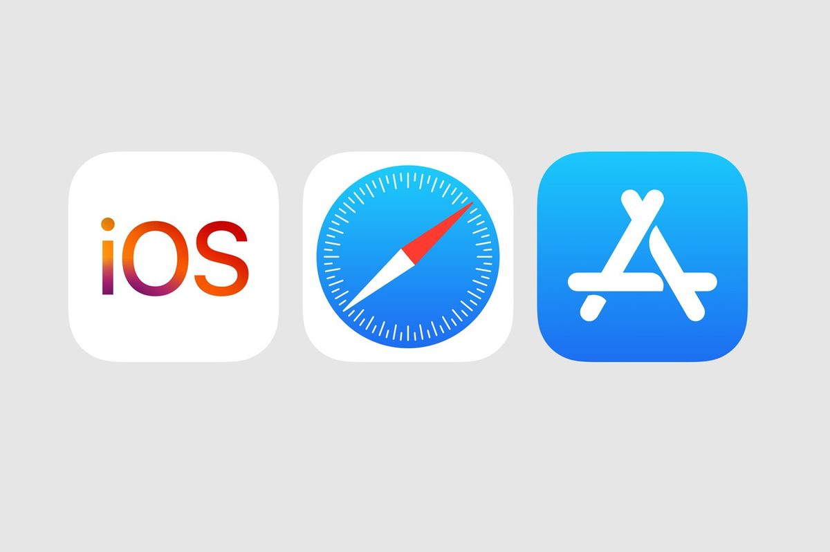 a grey background with three icons for iOS, the safari web browser, and the apple app store  