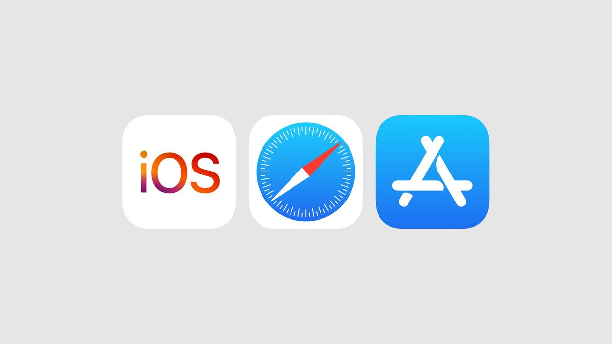 a grey background with three icons for iOS, the safari web browser, and the apple app store