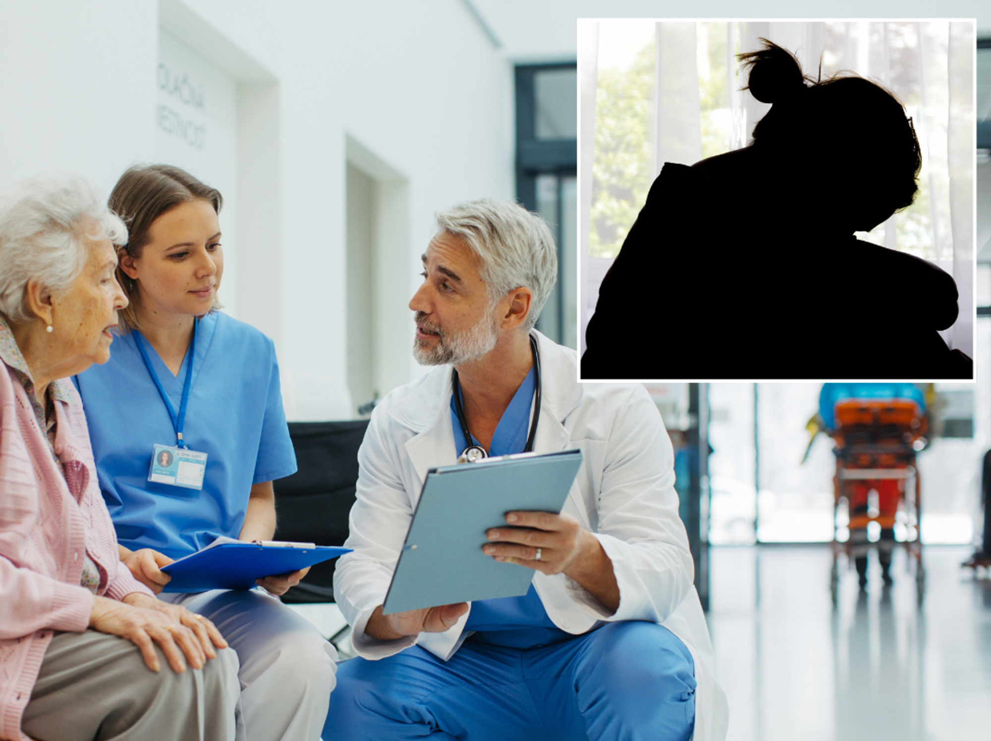 A grey-haired doctor showing an elderly woman her chart, next to a younger brunette doctor; Woman curled up in front a window