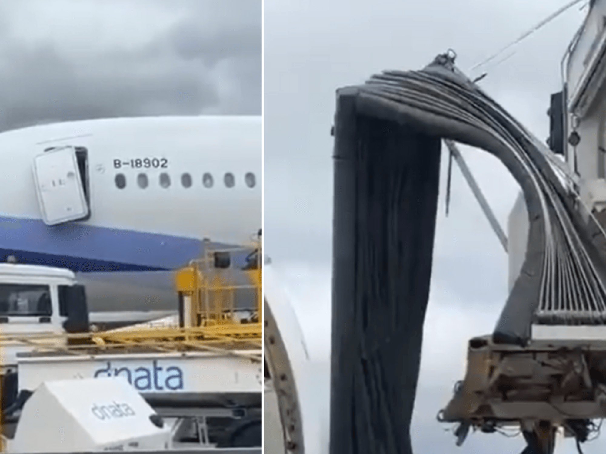 A grounded plane has smashed a door into an aerobridge after it rolled backwards while on the runway