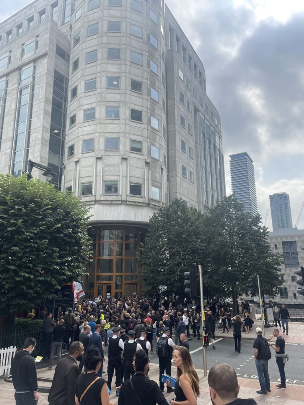 A group of anti-vaccine protesters trying to storm the headquarters of the Medicines and Healthcare products Regulatory Agency (MHRA) in central London. Issue date: Friday September 3, 2021.