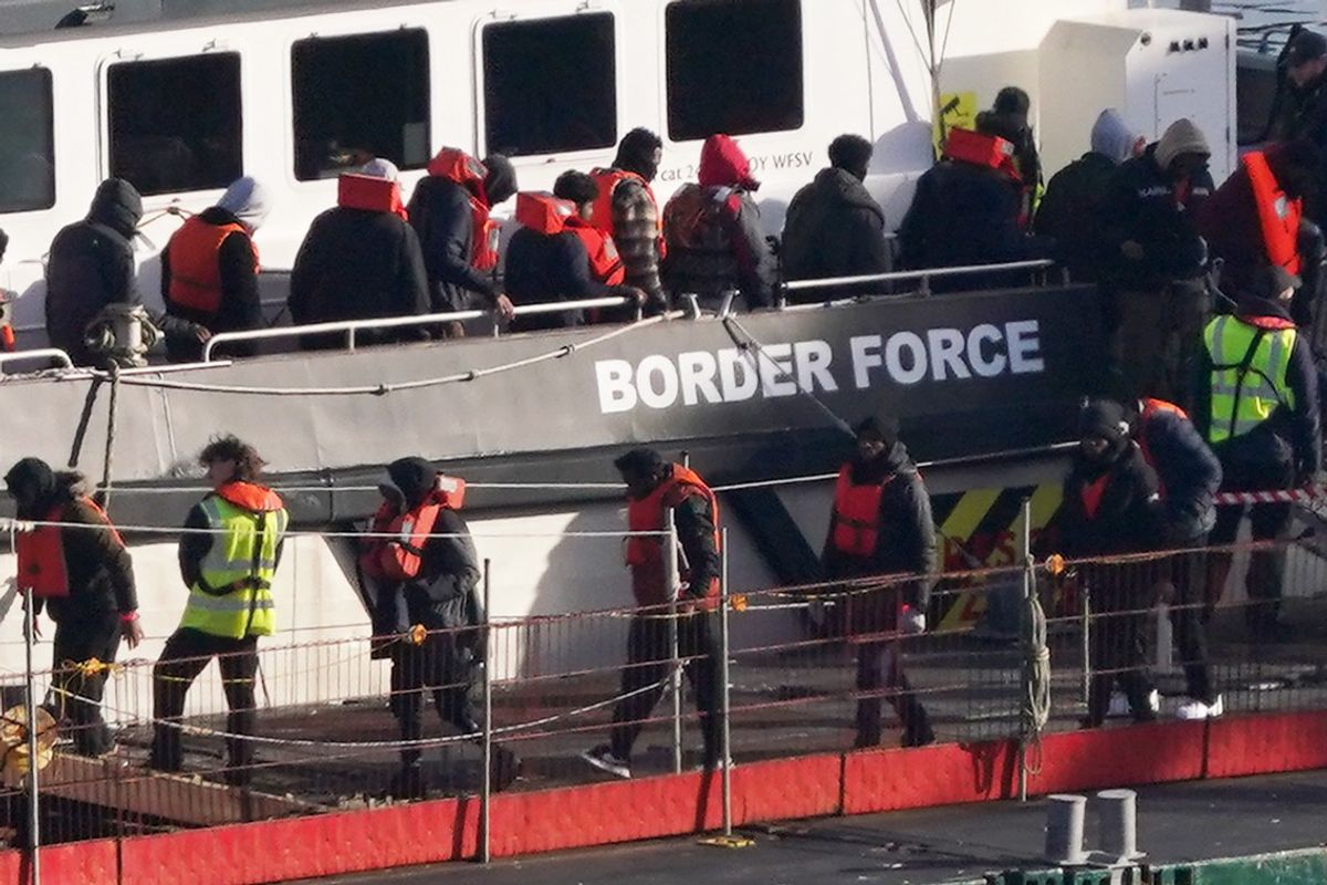 A group of people thought to be migrants are brought in to Dover, Kent, from a Border Force vessel
