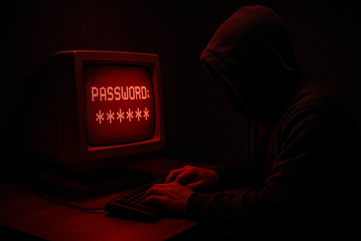 a hacker sits at a desk to break into an account with a stolen password in a red room