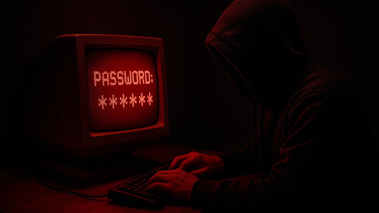 a hacker sits at a desk to break into an account with a stolen password in a red room