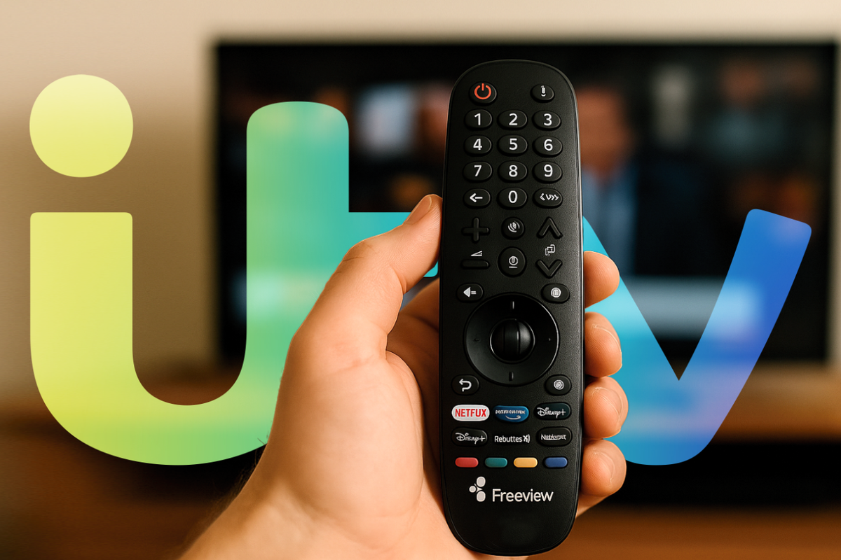 a hand holds a freeview remote control with the itv logo in the background