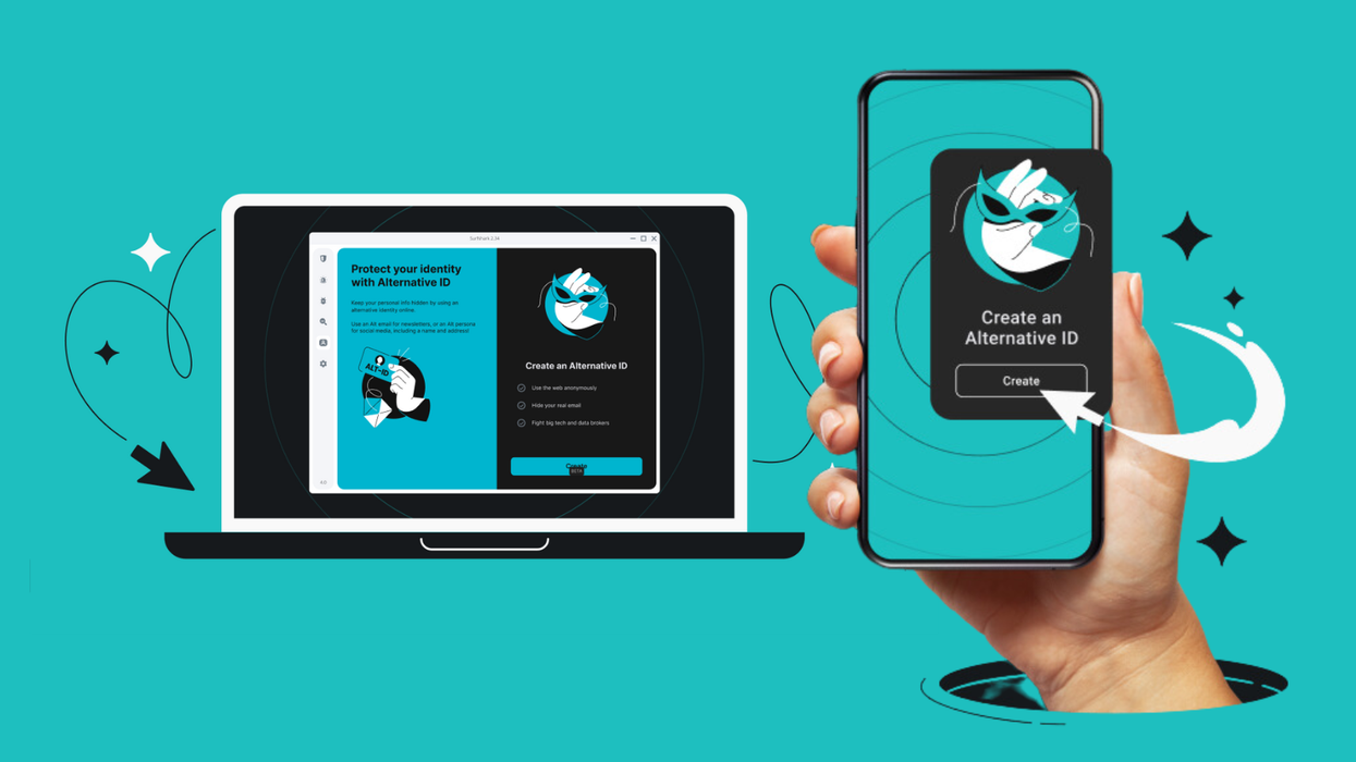 a hand holds a phone with the prompt to start generating a new alternative id with surfshark with a windows pc laptop running the same application in the background
