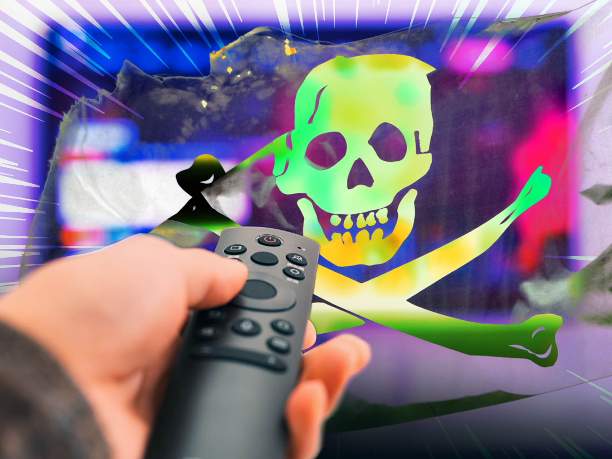 a hand holds a remote control with a television in the background visible through a pirate flag