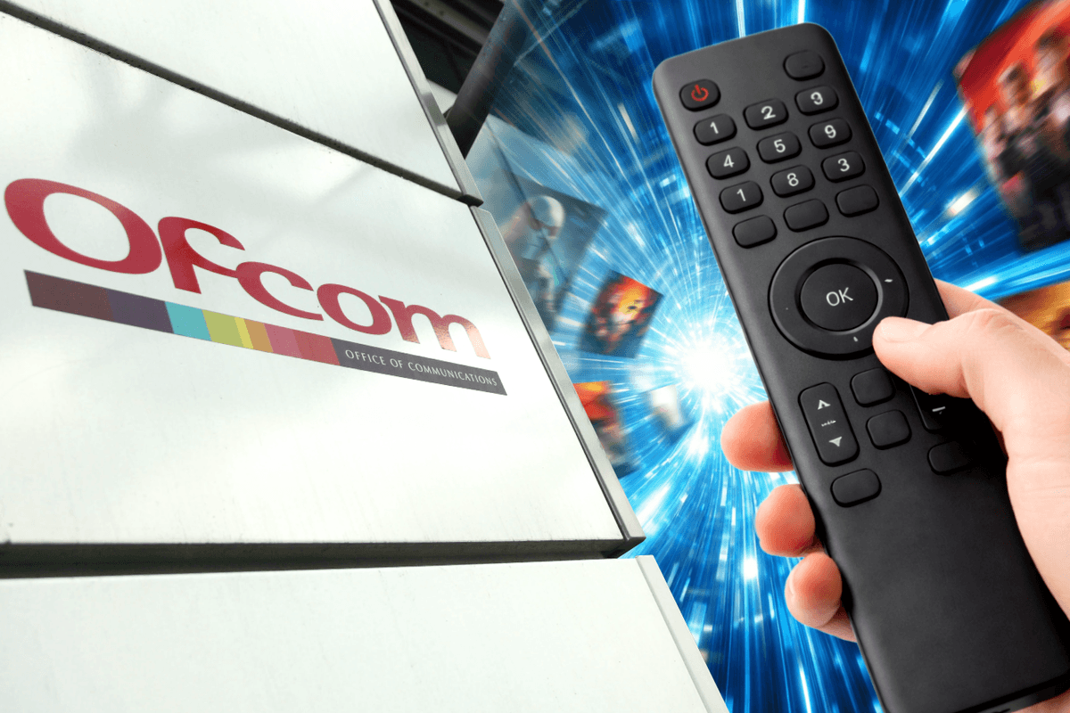 a hand holds a remote control with streaming shows pictured in the background from netflix, prime video, and more