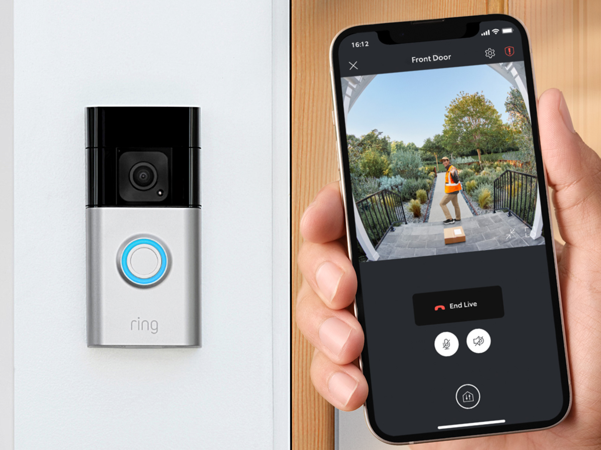 a hand holds a smartphone with a live view from a ring doorbell with the doorbell pictured in place in the background