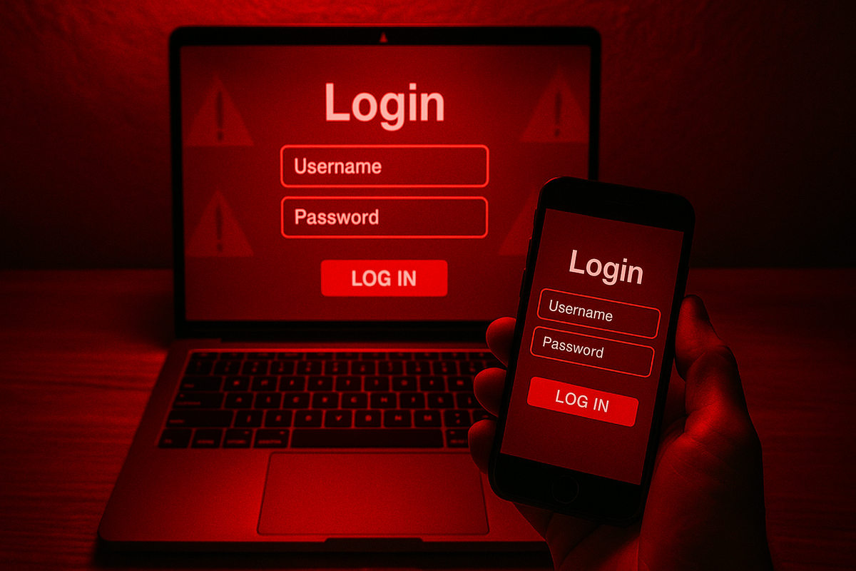 a hand holds a smartphone with a login screen and a laptop in red also requires a password