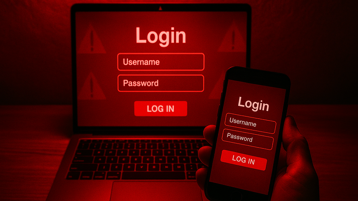a hand holds a smartphone with a login screen and a laptop in red also requires a password