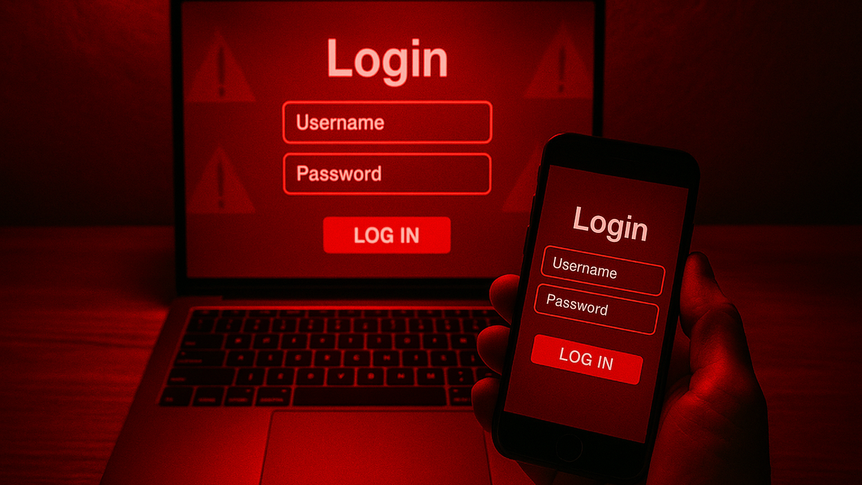 a hand holds a smartphone with a login screen and a laptop in red also requires a password