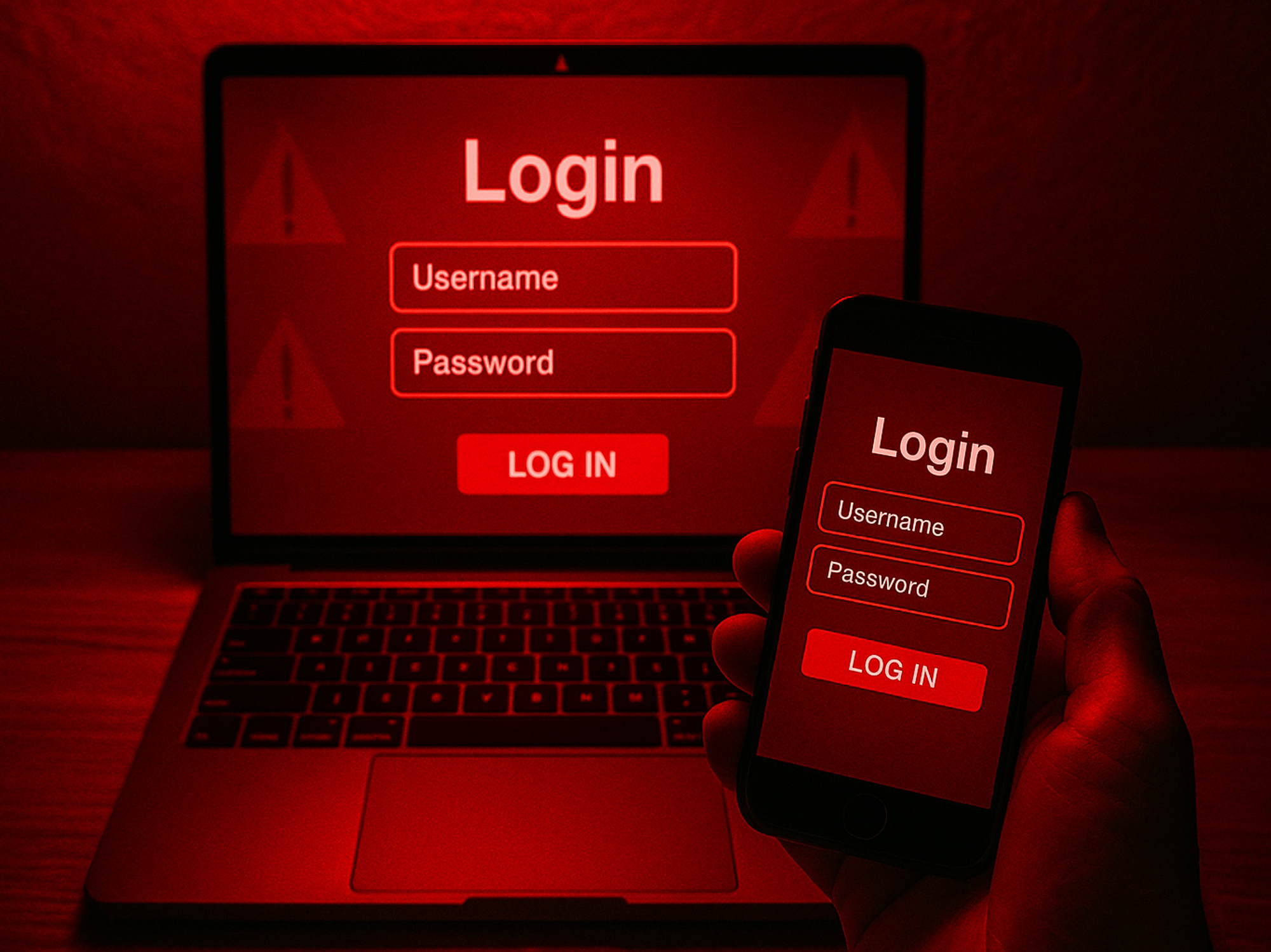 a hand holds a smartphone with a login screen and a laptop in red also requires a password