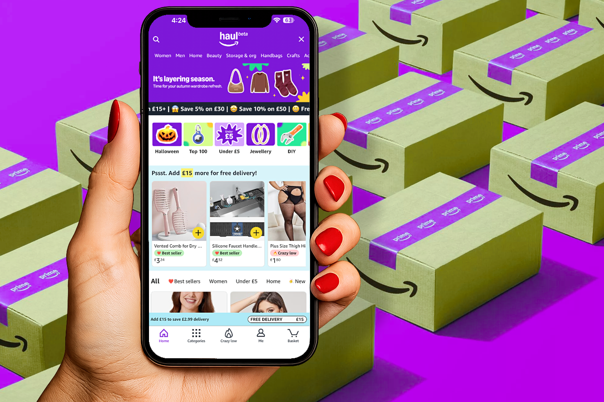 a hand holds a smartphone with the amazon haul shopping section loaded up on-screen