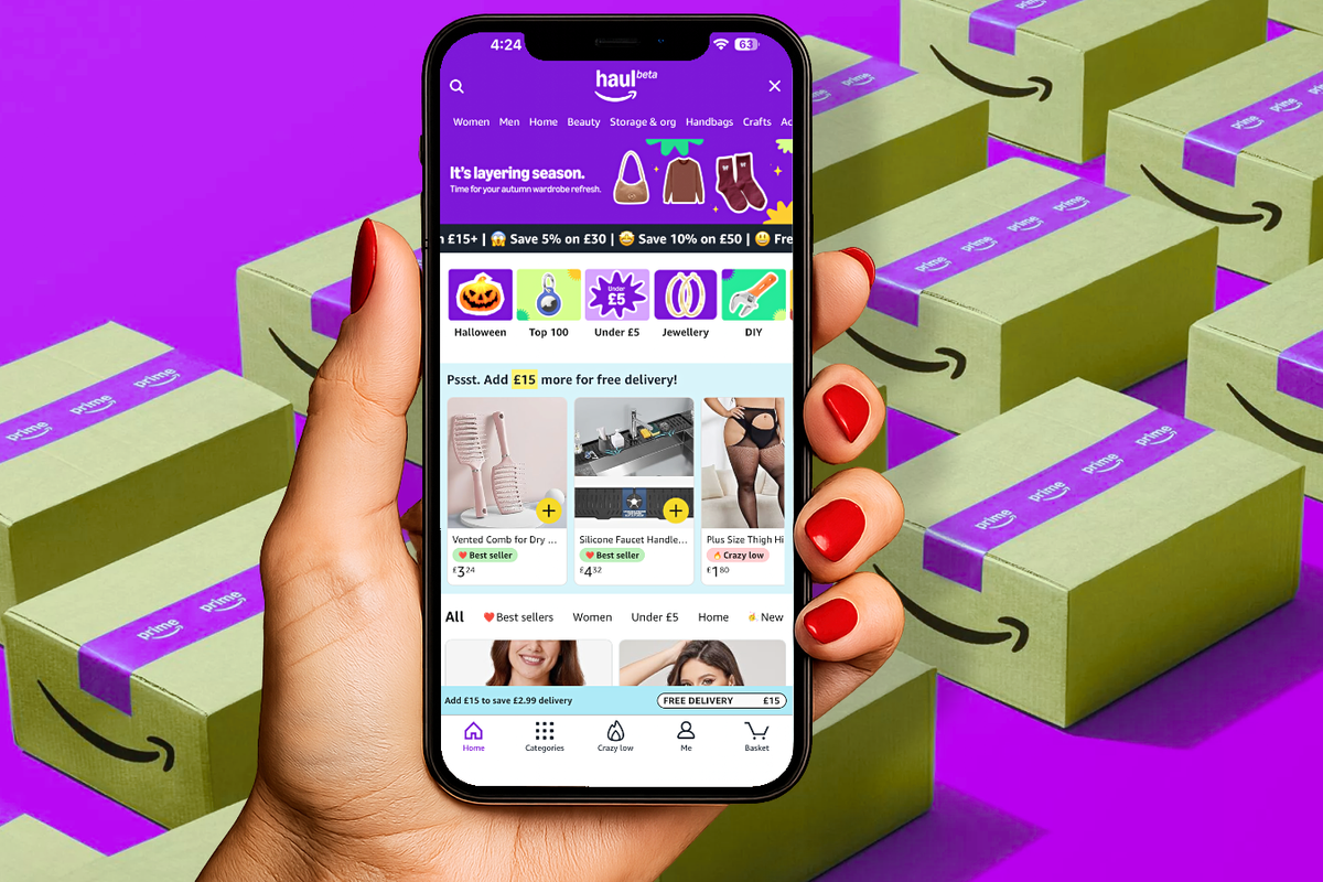 a hand holds a smartphone with the amazon haul shopping section loaded up on-screen