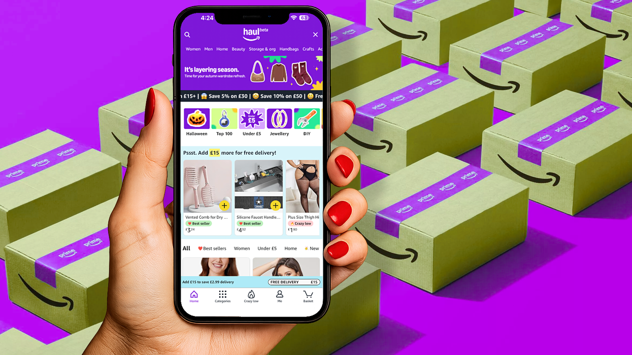 a hand holds a smartphone with the amazon haul shopping section loaded up on-screen