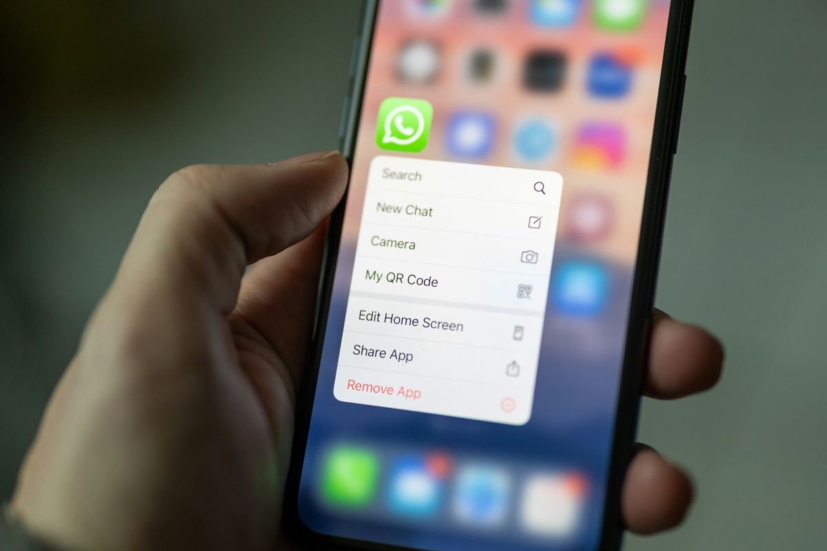 a hand holds a smartphone with the whatsapp app icon on the homescreen 