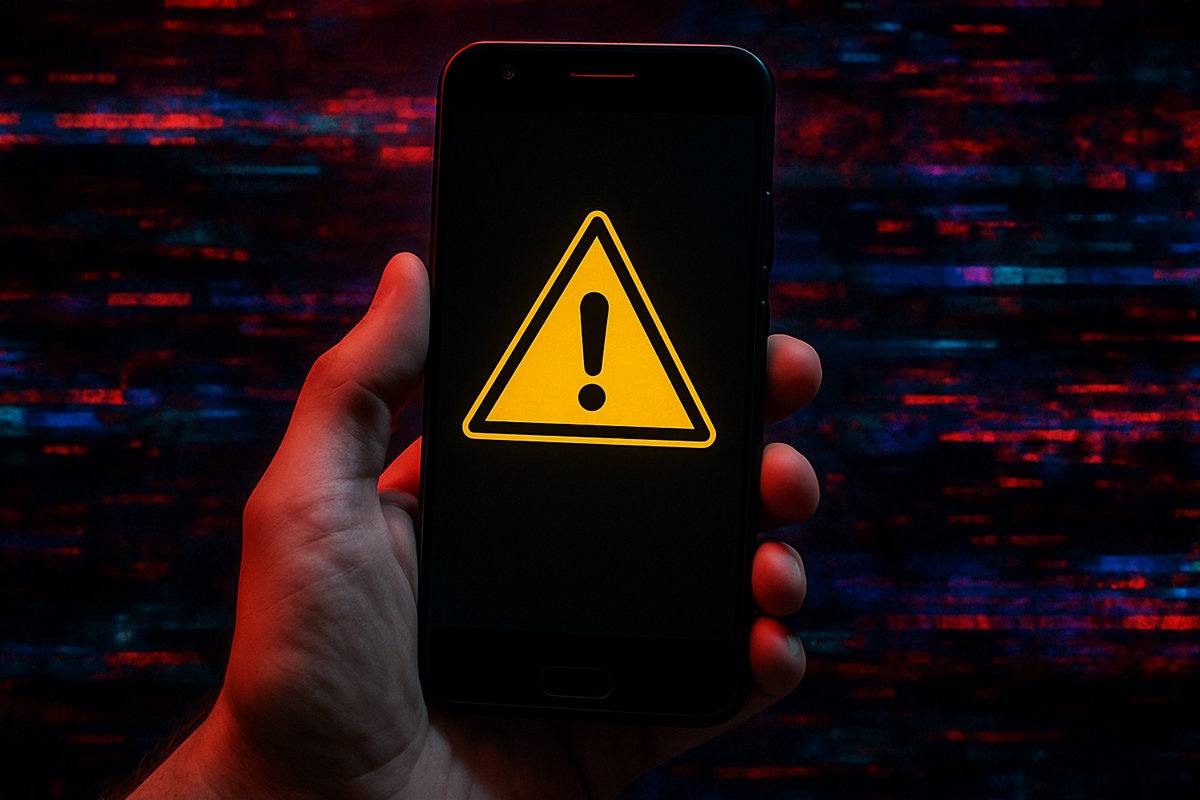 a hand holds an android phone with a warning triangle on-screen, computer glitches can be seen in the background