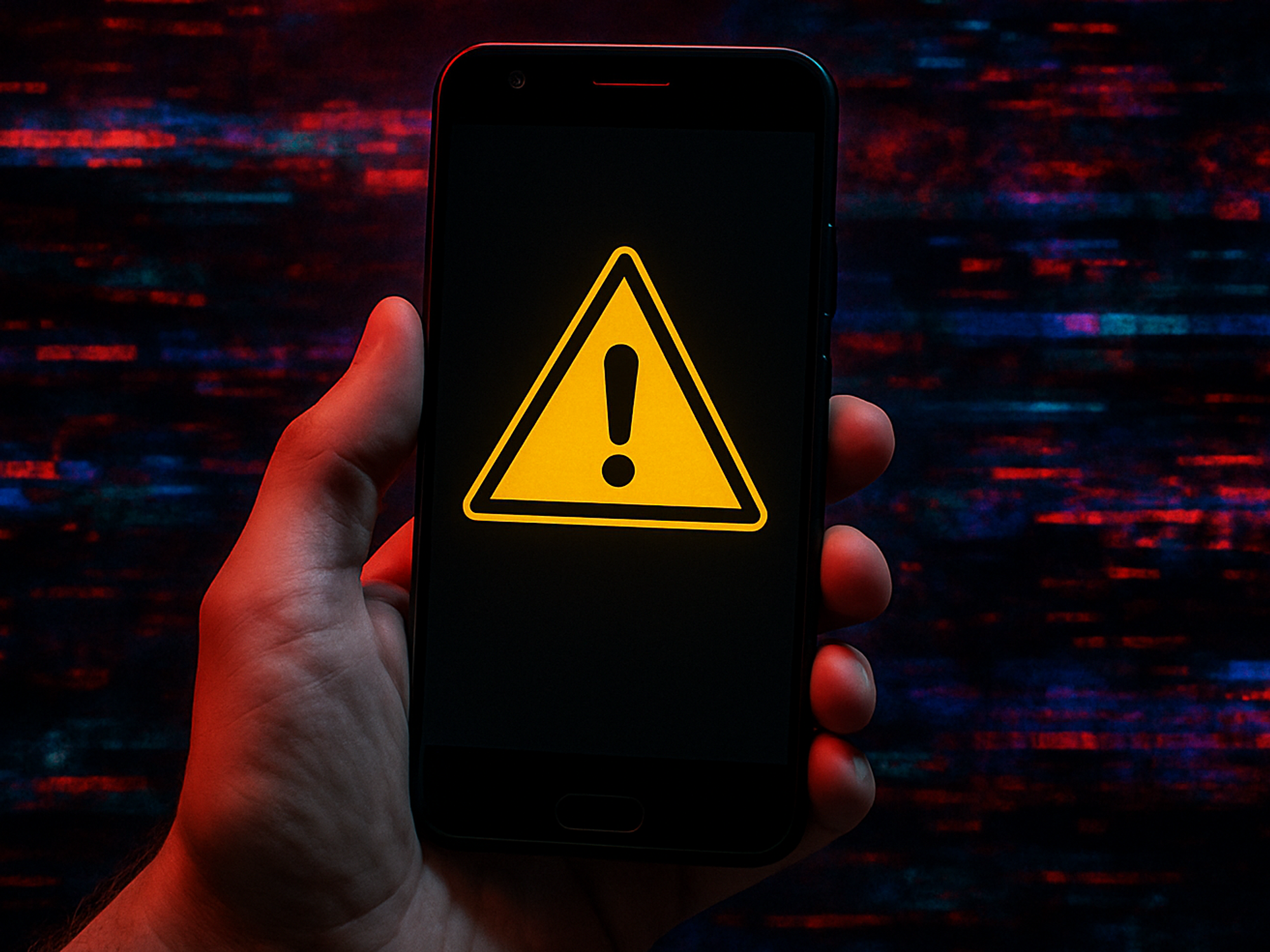 a hand holds an android phone with a warning triangle on-screen, computer glitches can be seen in the background