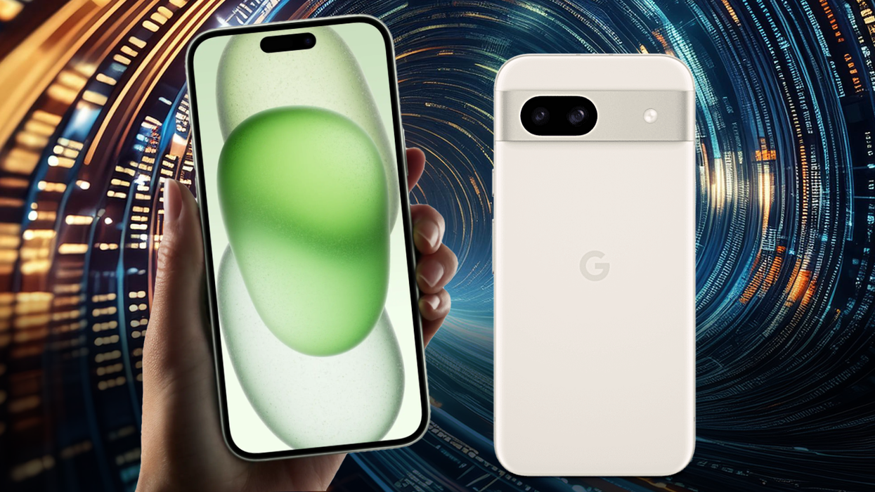 a hand holds an iphone 15 next to a google pixel 8a while a swirling pattern in the background