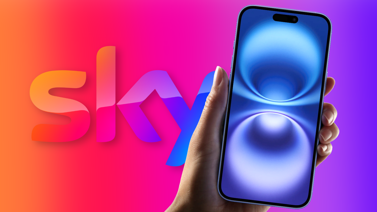 a hand holds the iphone 16 plus in ultramarine with a colourful background and sky tv logo