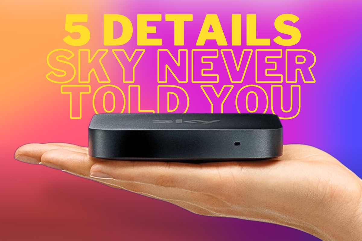 a hand holds the sky stream tv box on a colourful background  