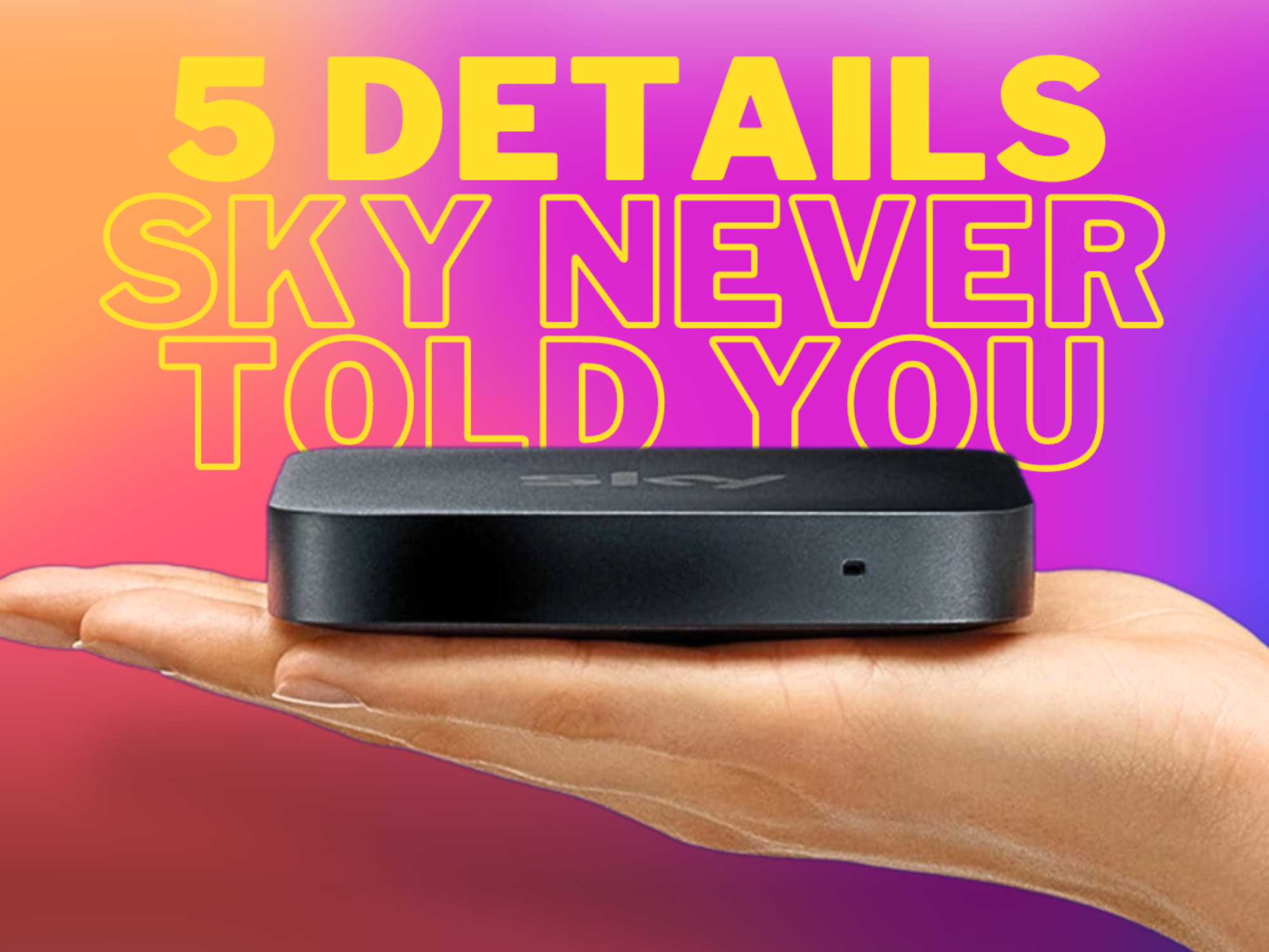 a hand holds the sky stream tv box on a colourful background