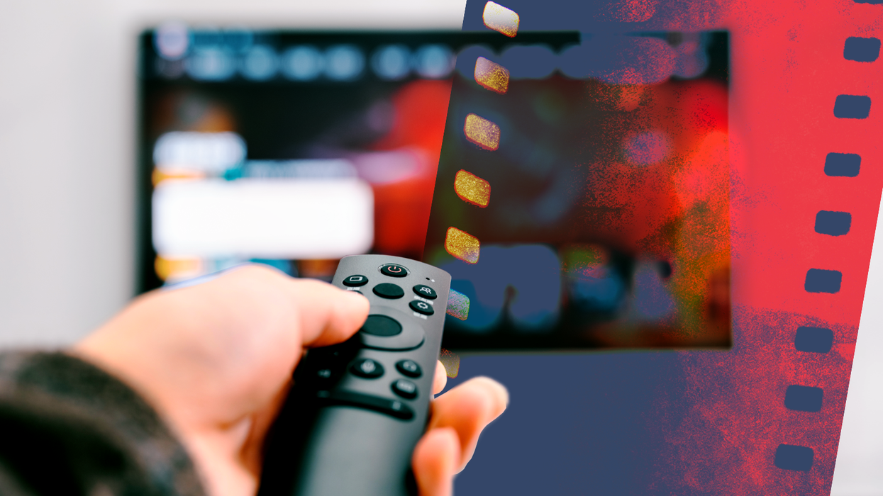 a hand points a fire tv remote at a television with a superimposed reel of film stock on the image