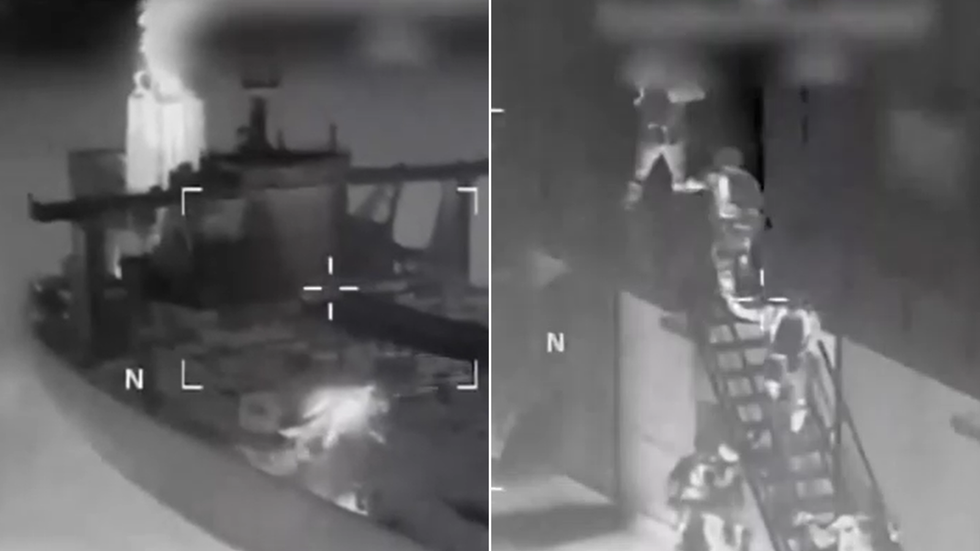 A helicopter lands on the deck of the Marinera tanker - and American Commandos board it