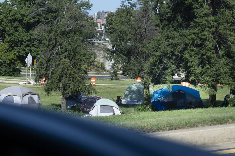 A homeless encampment in Washington DC, as seen from Trump's motorcade