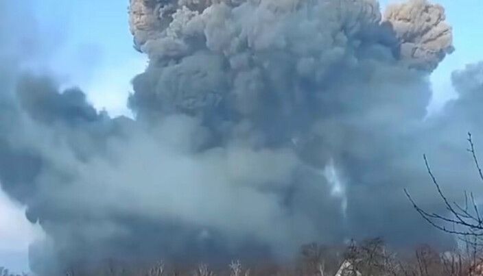 A huge explosion is seen at Vinnytsia military base, in central Ukraine, as the country comes under attack from Russia