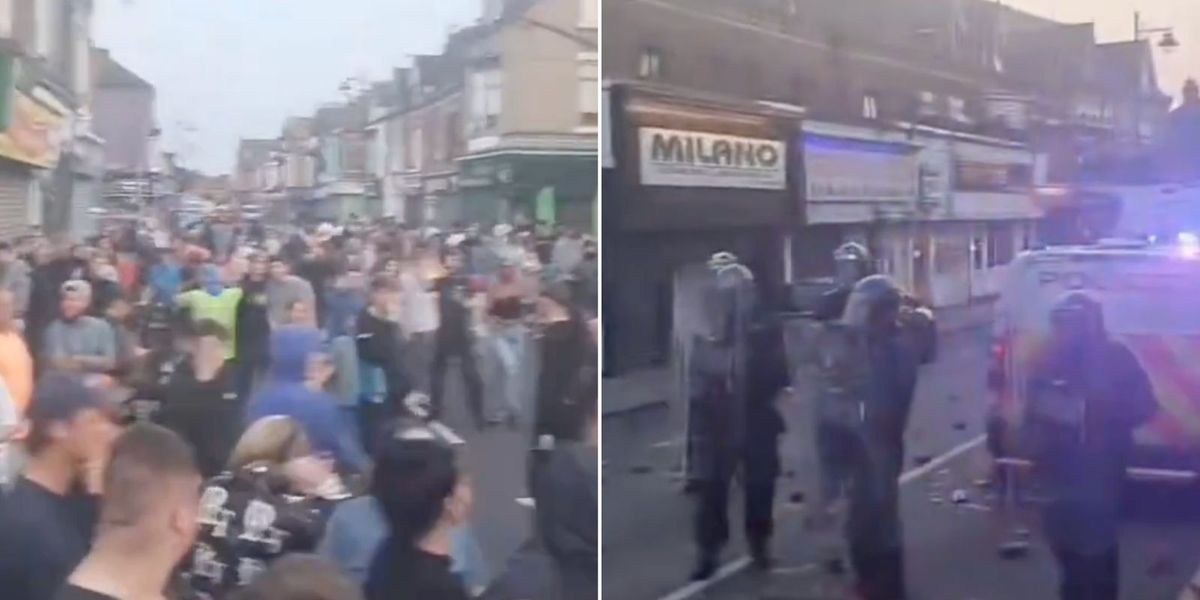 NextImg:Protesters throw bricks and other objects at riot police in Hartlepool as hundreds gather in town centre
