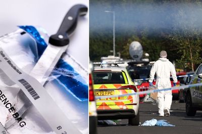 A knife in an evidence bag and police at Southport stabbing locations