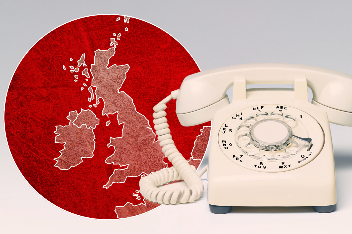 a landline phone pictured with an inset image of a map of the uk 