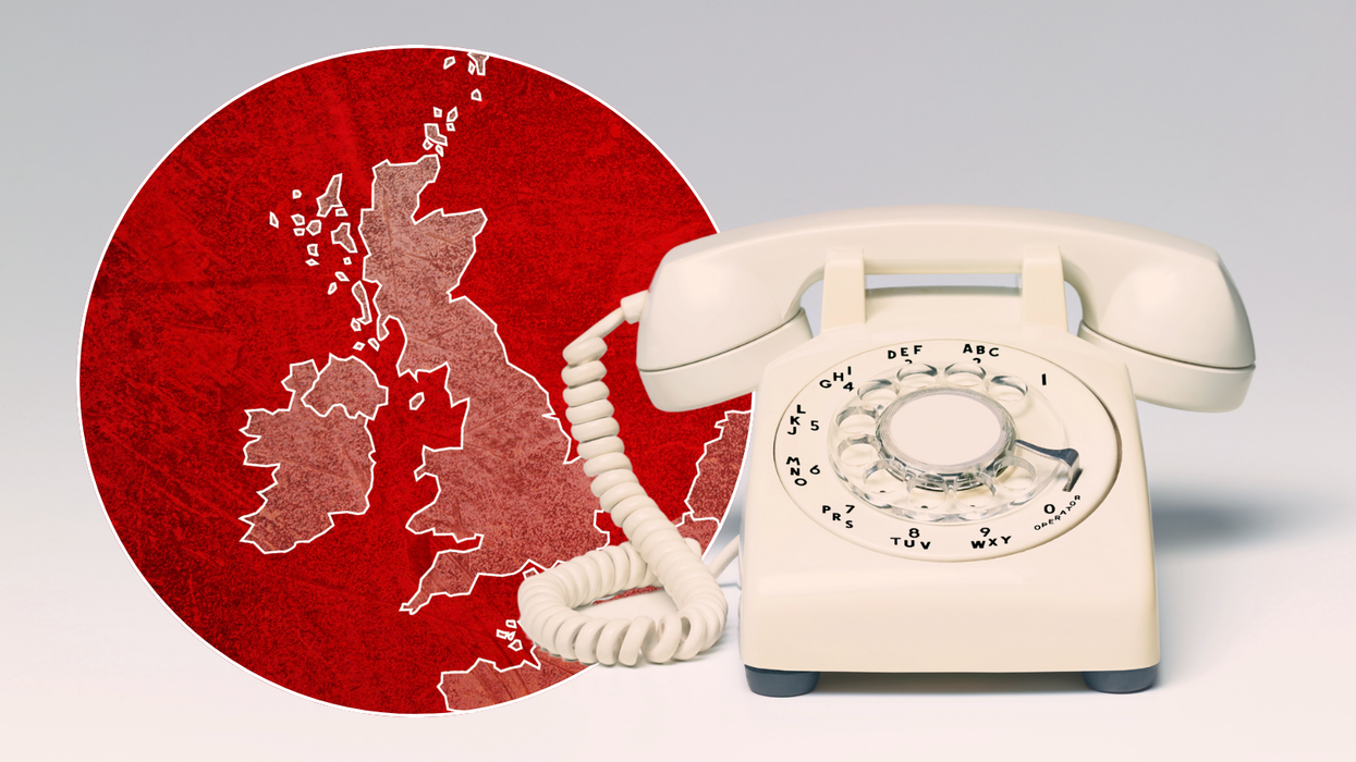 a landline phone pictured with an inset image of a map of the uk