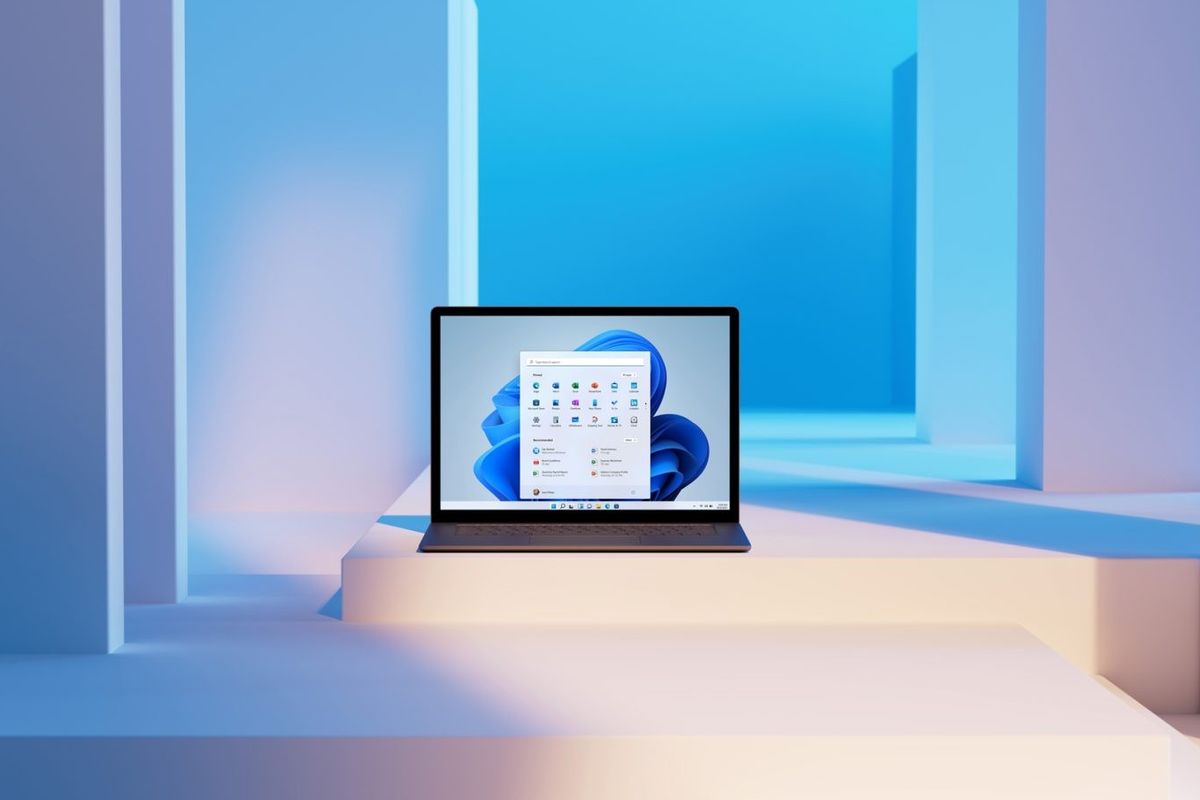 a laptop running windows 11 is pictured on a series of colourful ledges