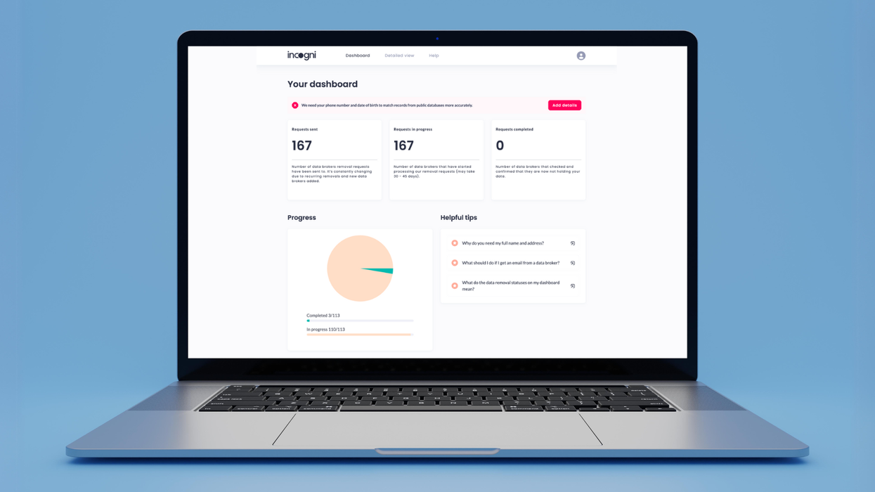a laptop with the incogni.com dashboard shown on-screen
