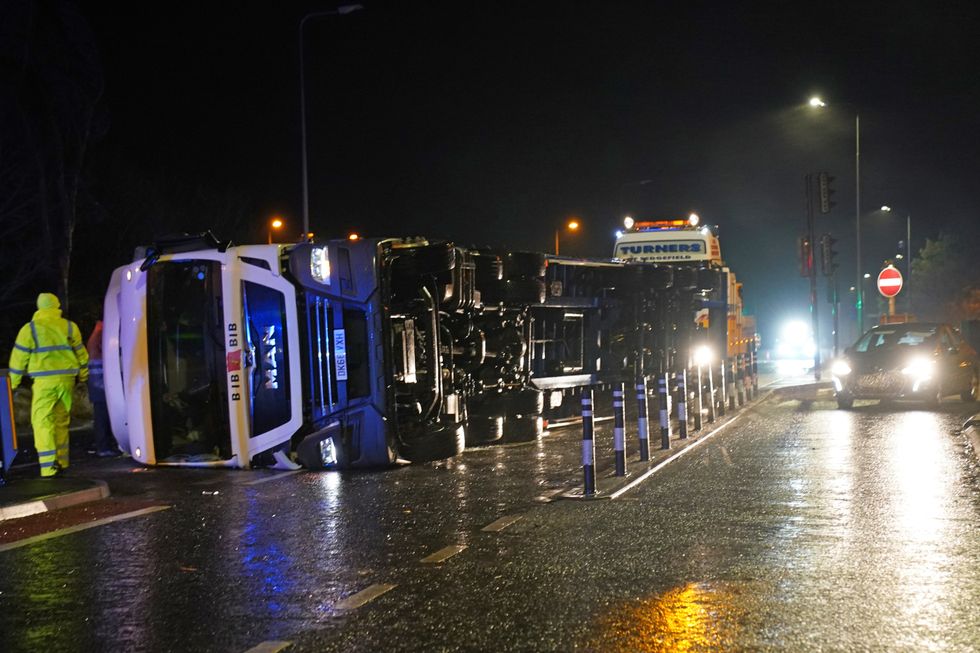 A lorry blown over in high winds blocks the A179 near Hartlepool, County Durham, after gusts of almost 100 miles per hour battered some areas of the UK during Storm Arwen. Picture date: Saturday November 27, 2021.