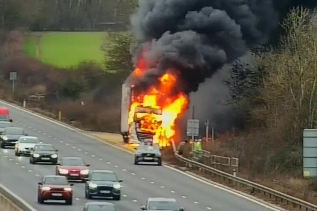 A lorry on fire