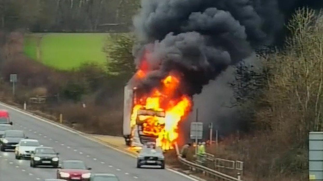 A lorry on fire