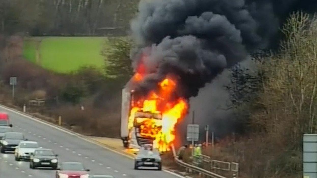 A lorry on fire