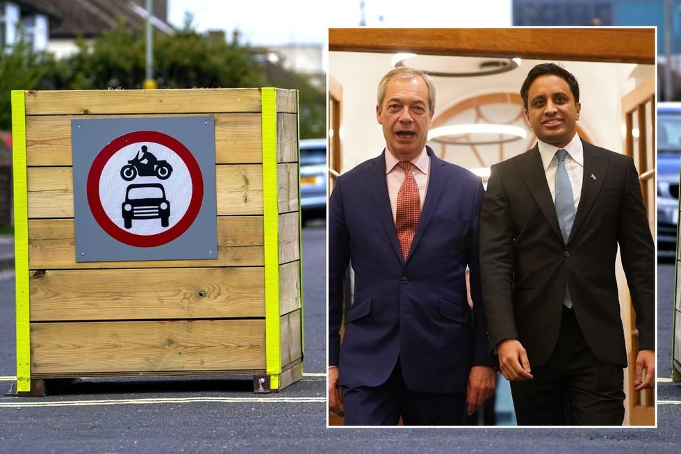 A Low Traffic Neighbourhood planter, Nigel Farage and Zia Yusuf