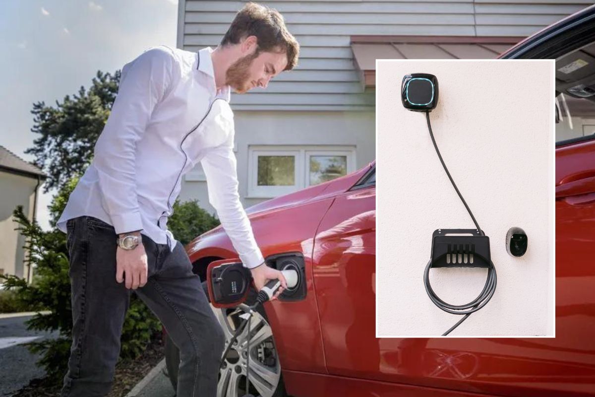 A man charging an electric car and a home EV charger
