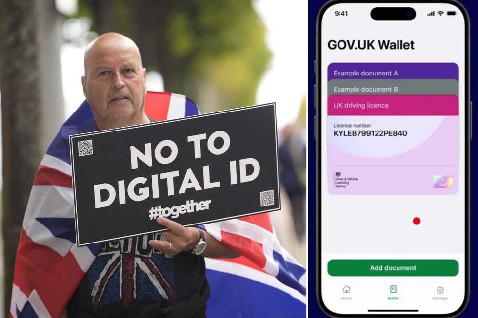 A man holding a 'no to digital ID' sign and a screenshot of a digital driving licence on the GOV.UK Wallet