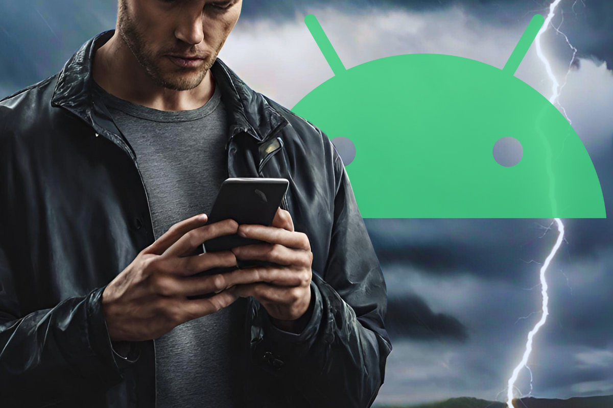 a man in a rain coat holds out a smartphone with a stormy background behind him 
