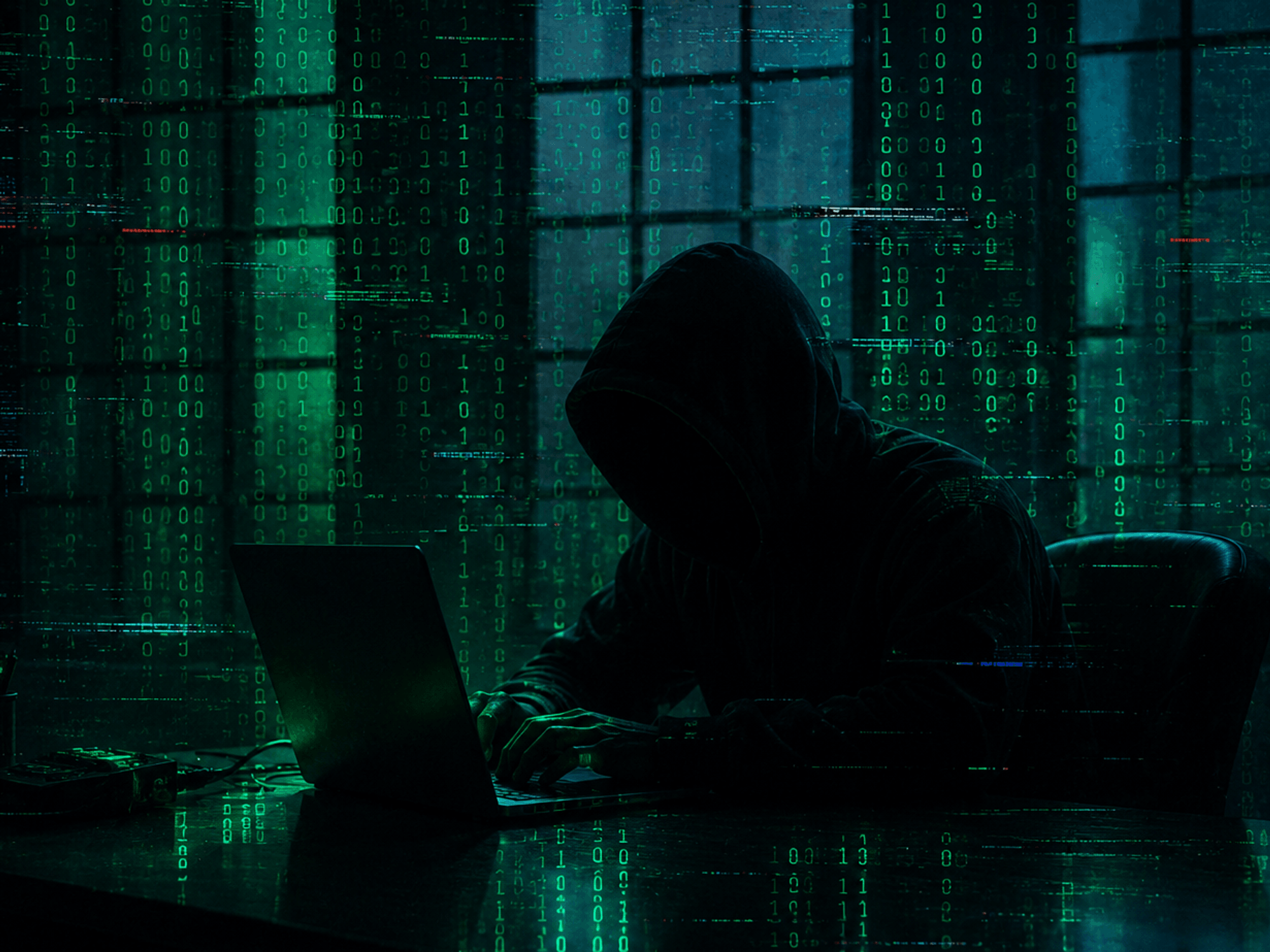 a man obscured in shadow sits at a laptop typing out with green binary computer code in the background