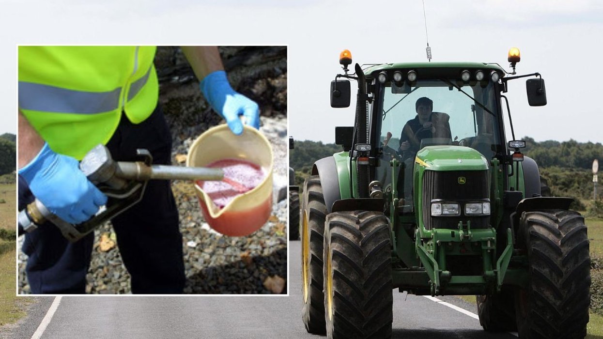 A man pouring red diesel into a cup and a tractor