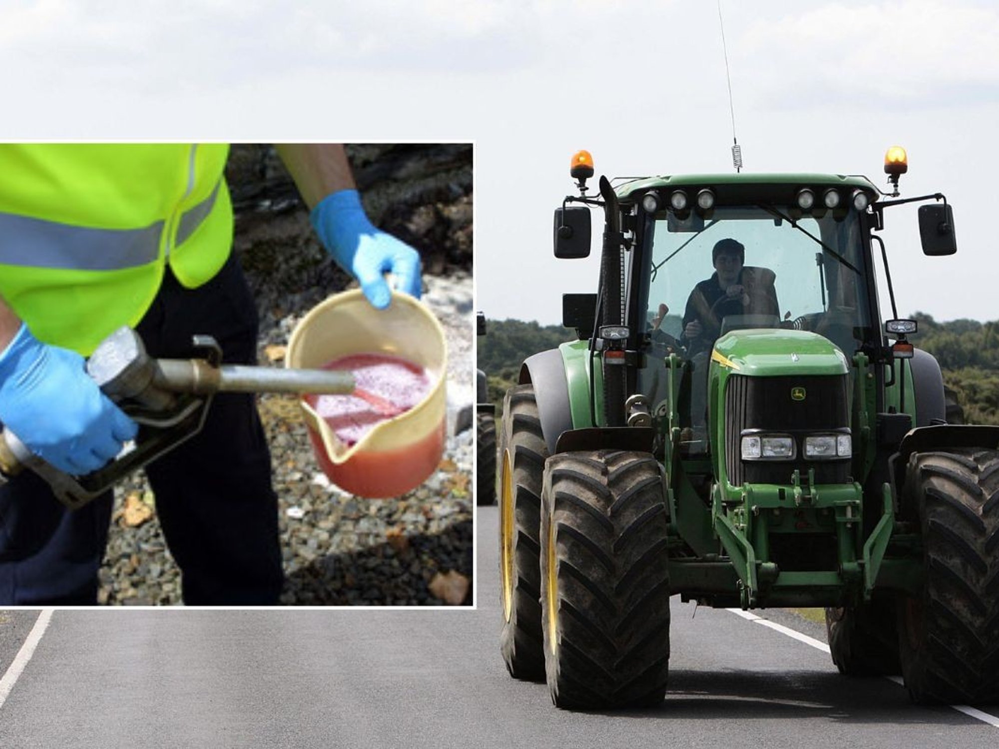A man pouring red diesel into a cup and a tractor